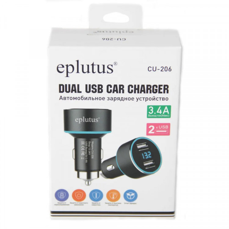 Автомобильное зарядное устройство Eplutus CU-206 (2 USB+волтметр)