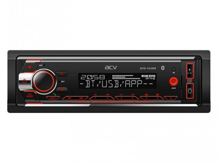 ACV AVS-930BR (1din/красная/BT/2USB/AUX/SD/FM/3RCA/SUB/QC/4*50)
