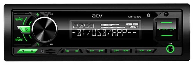 ACV AVS-932BG (1din/зеленая/BT/2USB/AUX/SD/FM/2RCA/QC/4*50)