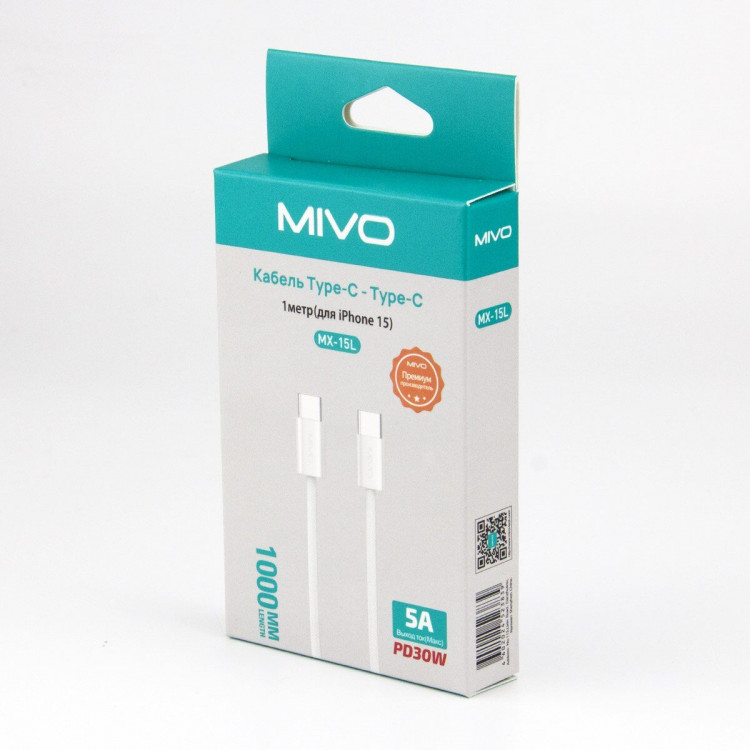 Кабель Type-C-Type-C Mivo MX-15L, нейлоновая оплетка, 1м (Iphone 15,16)